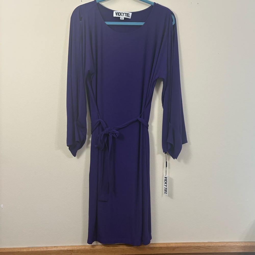 Vicky Tiel dress women’s large purple open sleeves knee length with belt NWT
